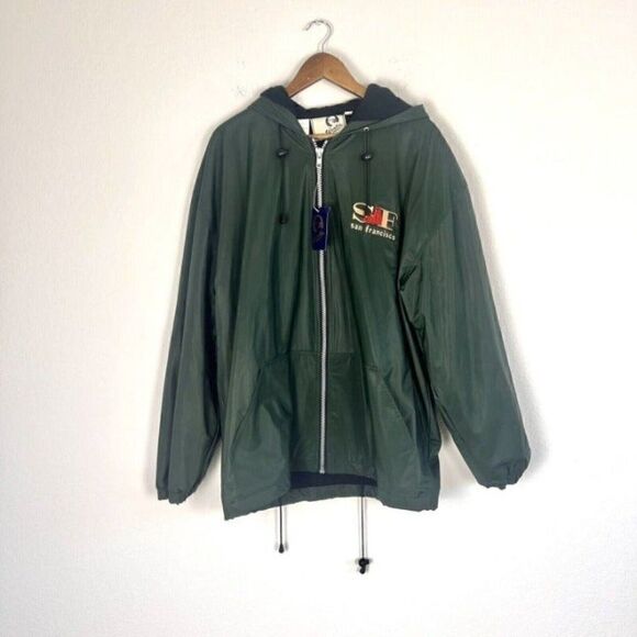 Vintage 90s Zip Up Raincoat San Francisco Embroidered Mens Fleece Lined Green M - Picture 1 of 12